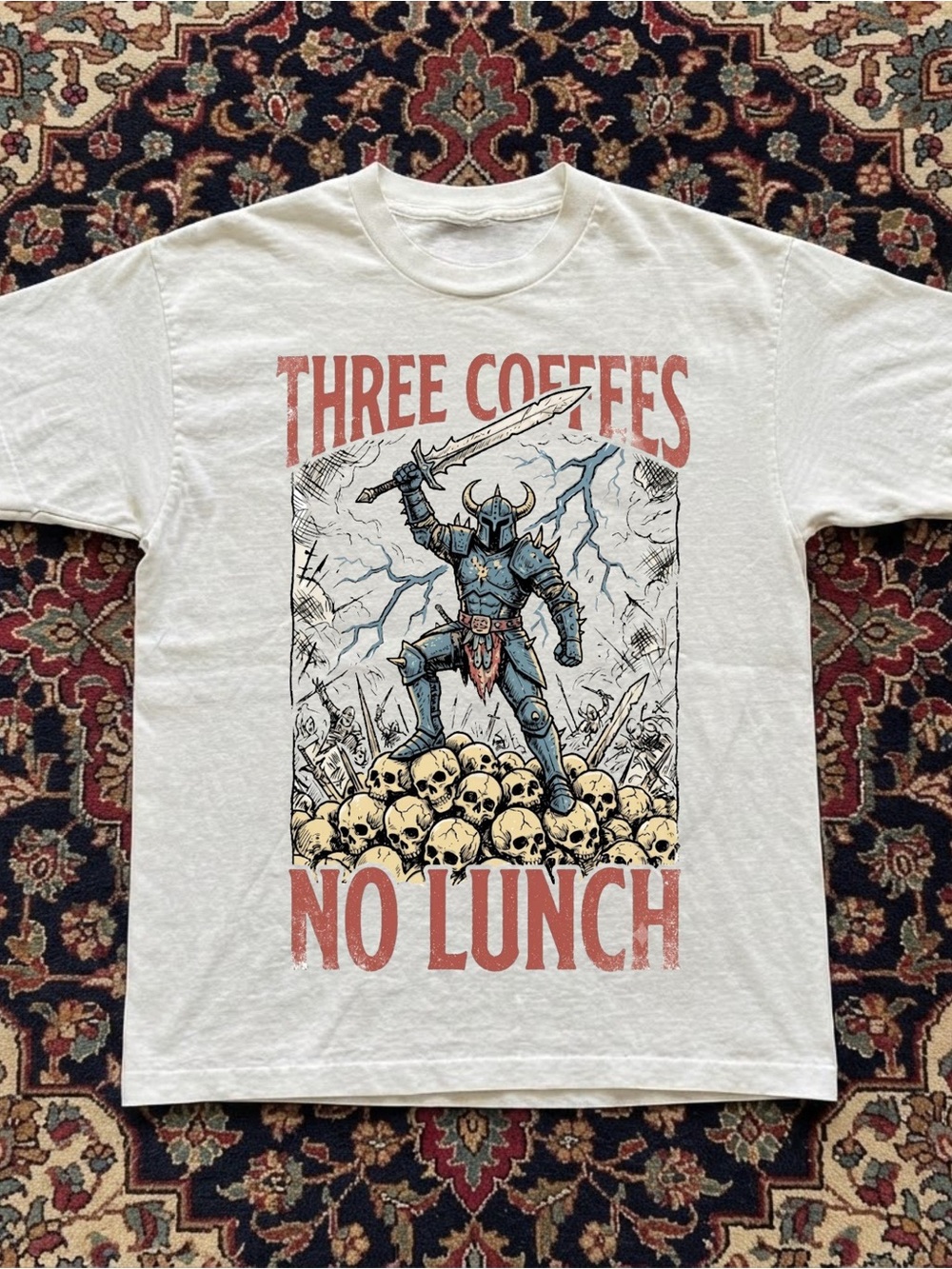 Gildan White 'Three Coffees No Lunch' Graphic Tee with Blue Warrior Art
